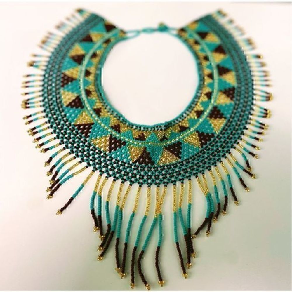 New Beautiful Handmade Turquoise, Gold and Brown Beaded Mexican Collar Necklace - Picture 3 of 3